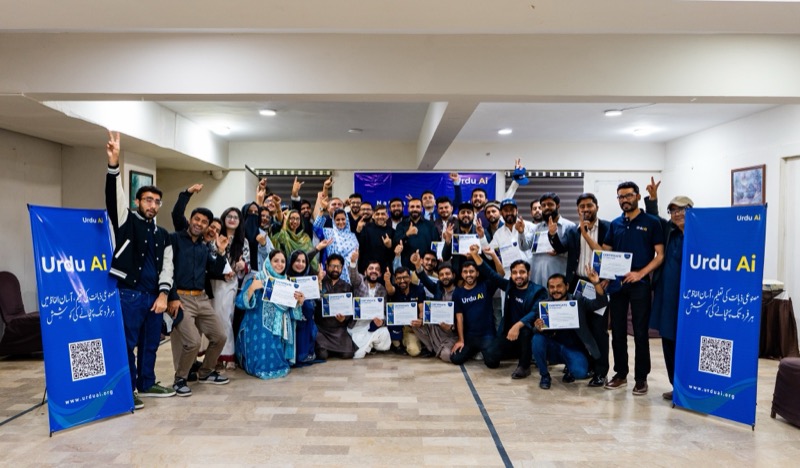Urdu AI community workshop graduates holding certificates — S&P Global StepForward Winner 2026